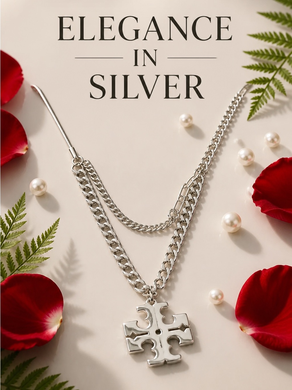 Silver Double-Layer Chain Cross Pendant Necklace